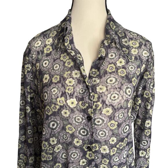 Vintage Y2K Xhilaration Sheer Mesh Blouse Floral Button Down Retro 90s Top - Picture 2 of 7